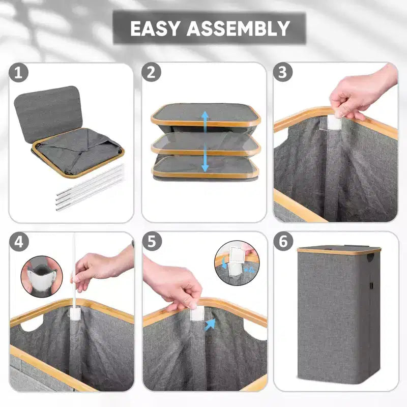 Panier à linge de 100 L avec couvercle, poignées en bambou, support interne