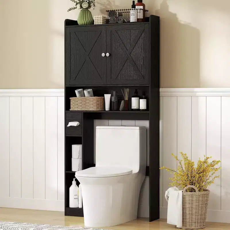 HOMCOM Over the Toilet Storage Cabinet, Farmhouse Above Toilet Bathroom Organizer with Barn Doors, Adjustable Shelf, Toilet Paper Holder