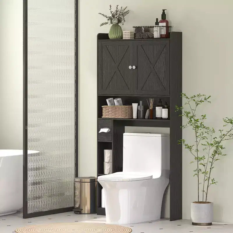 Meuble de rangement au-dessus des toilettes, Organisateur de salle de bain de style ferme avec portes de grange, Étagère réglable, Porte-papier toilette