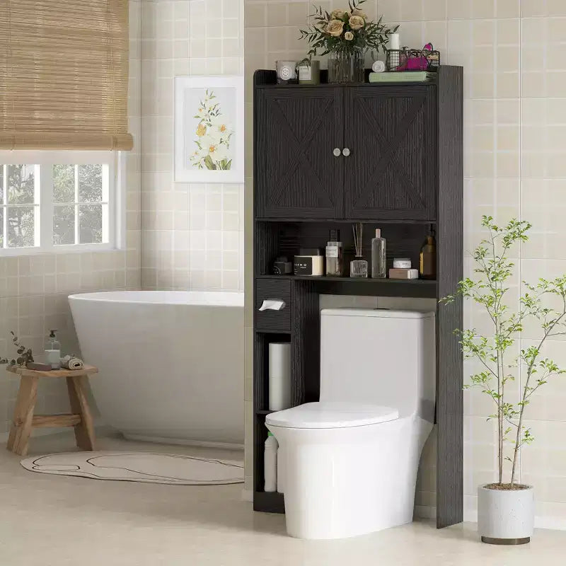 Meuble de rangement au-dessus des toilettes, Organisateur de salle de bain de style ferme avec portes de grange, Étagère réglable, Porte-papier toilette