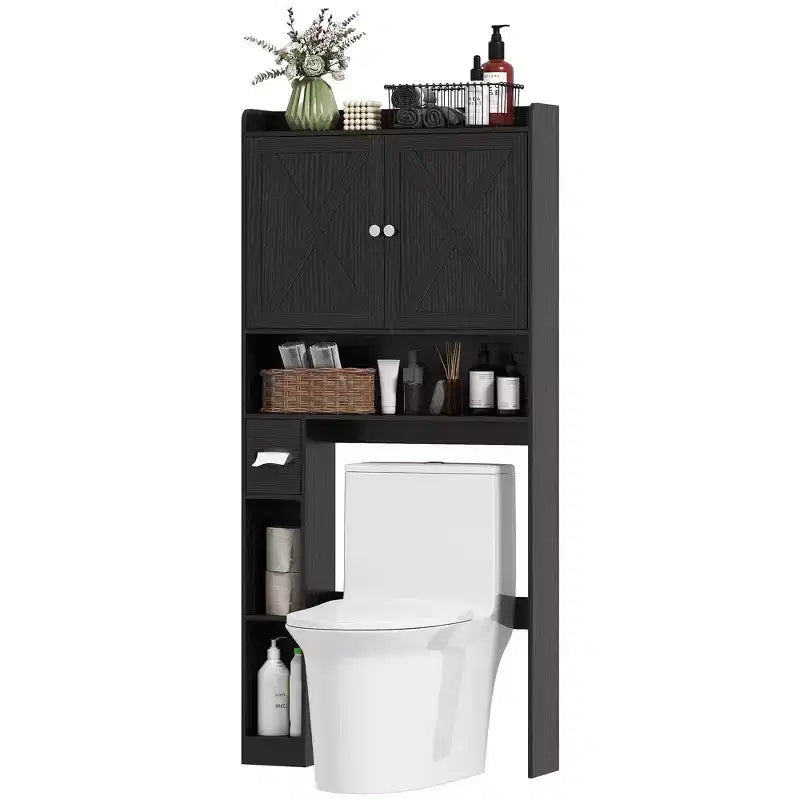 Meuble de rangement au-dessus des toilettes, Organisateur de salle de bain de style ferme avec portes de grange, Étagère réglable, Porte-papier toilette