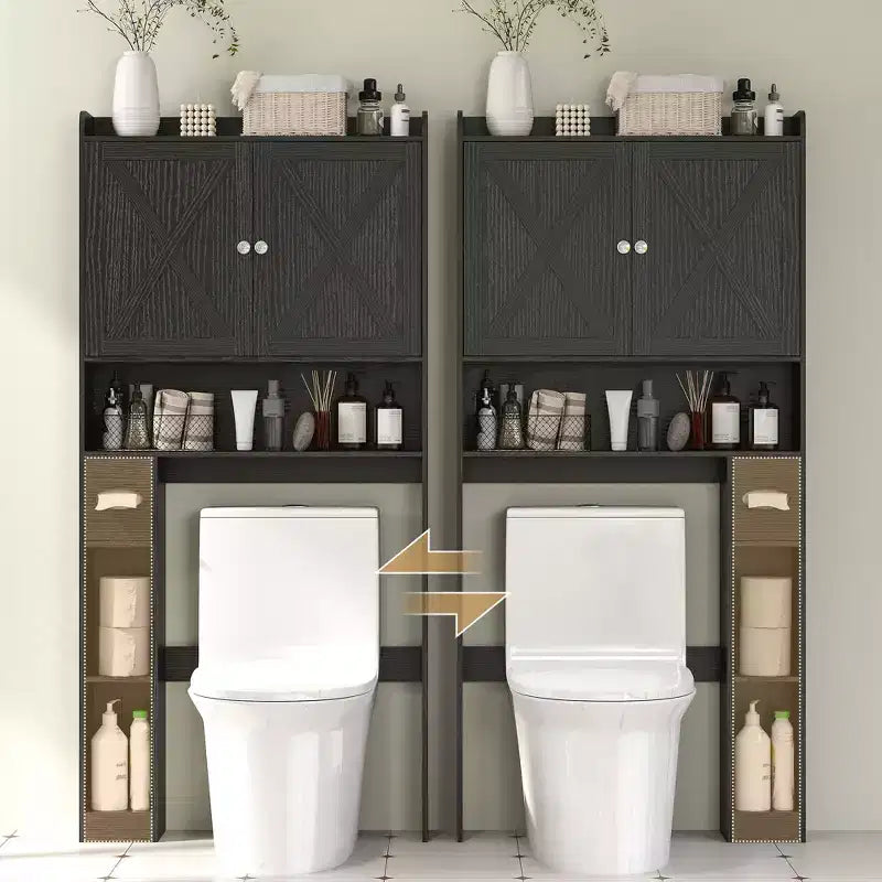 Meuble de rangement au-dessus des toilettes, Organisateur de salle de bain de style ferme avec portes de grange, Étagère réglable, Porte-papier toilette