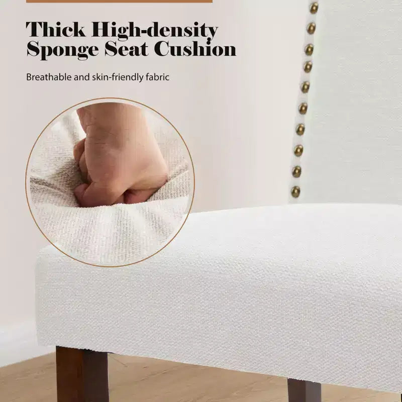 Chaises de salle à manger modernes sans accoudoirs avec tissu rembourré, garniture cloutée et pieds en bois