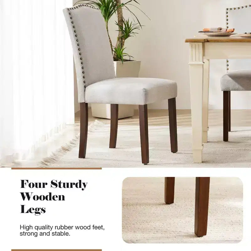 Chaises de salle à manger modernes sans accoudoirs avec tissu rembourré, garniture cloutée et pieds en bois