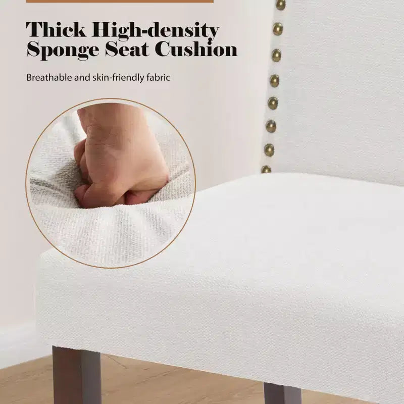 Chaises de salle à manger modernes sans accoudoirs avec tissu rembourré, garniture cloutée et pieds en bois