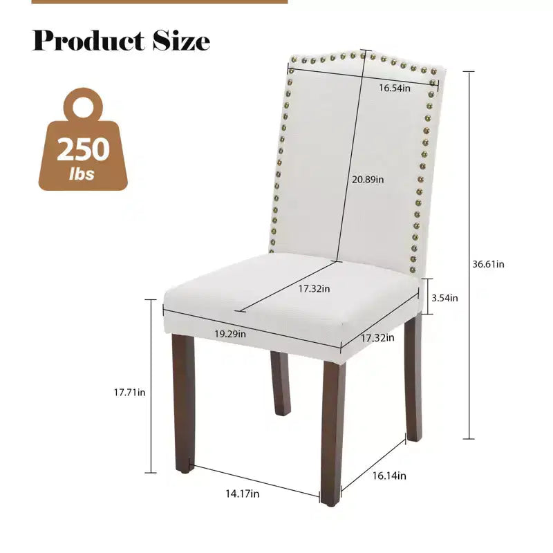 Chaises de salle à manger modernes sans accoudoirs avec tissu rembourré, garniture cloutée et pieds en bois