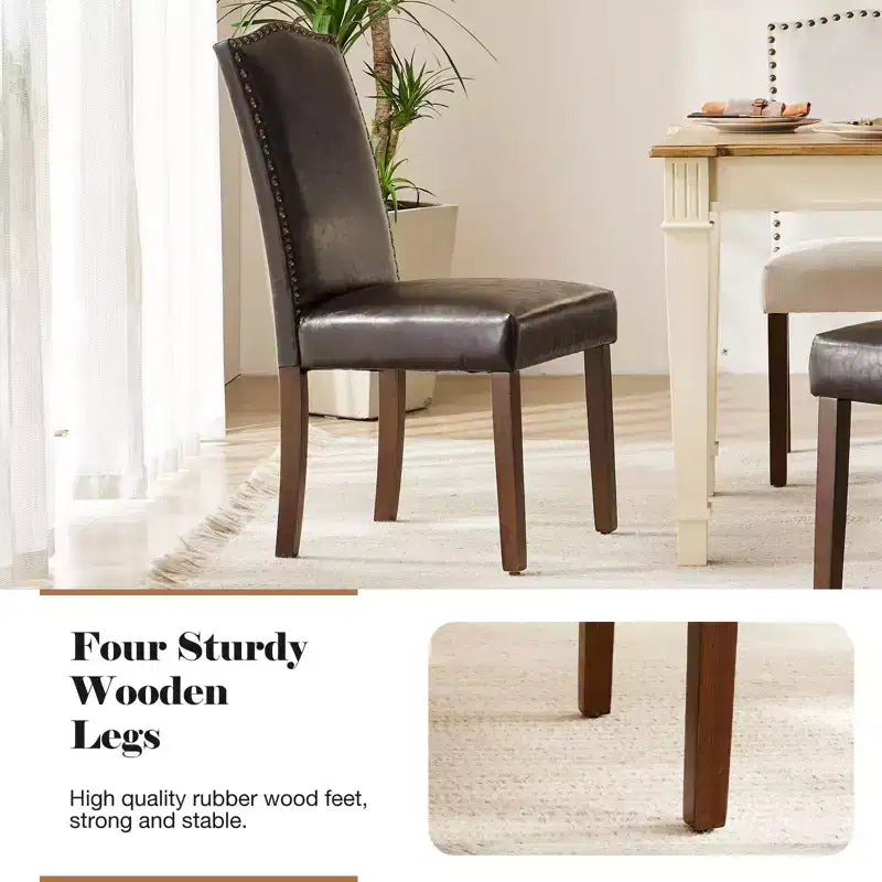 Chaises de salle à manger modernes sans accoudoirs avec tissu rembourré, garniture cloutée et pieds en bois