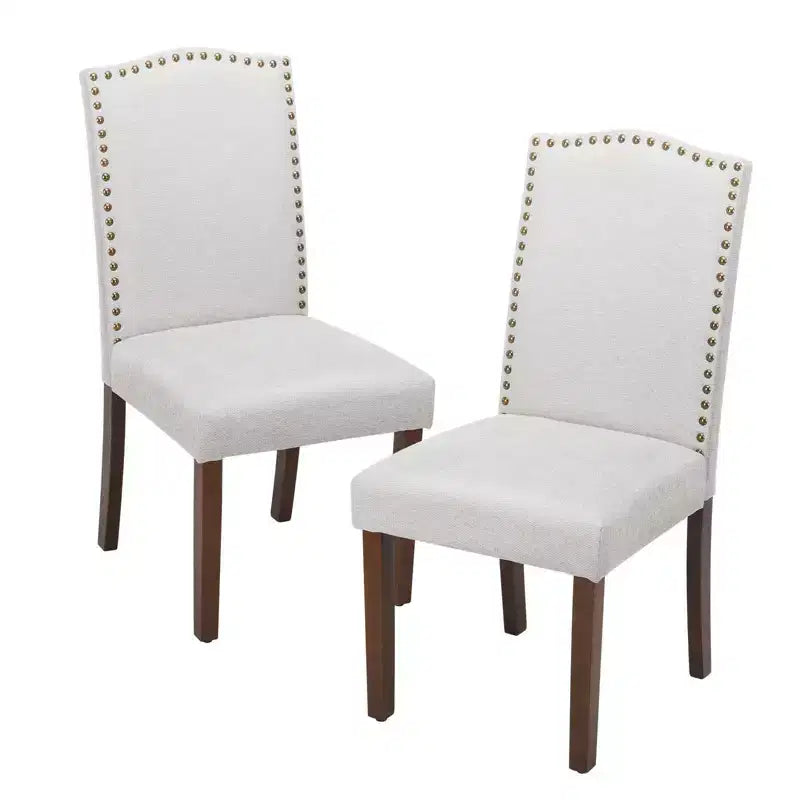 Chaises de salle à manger modernes sans accoudoirs avec tissu rembourré, garniture cloutée et pieds en bois