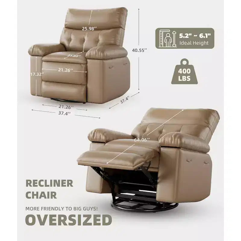 Fauteuil inclinable surdimensionné pour adultes - Canapé inclinable en cuir PU avec mousse haute densité, siège large et inclinaison manuelle douce