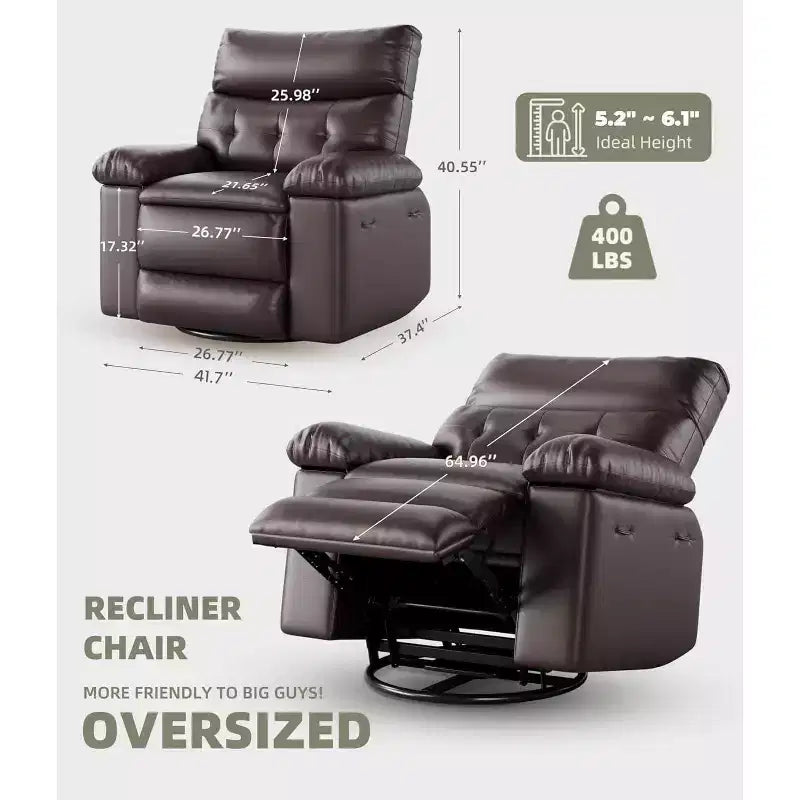Fauteuil inclinable surdimensionné pour adultes - Canapé inclinable en cuir PU avec mousse haute densité, siège large et inclinaison manuelle douce