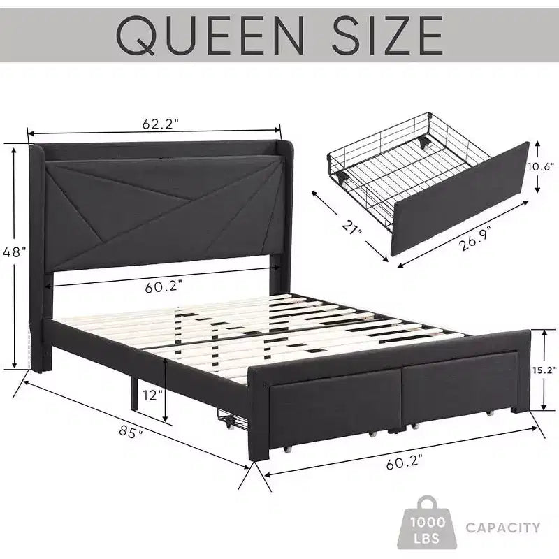 Lit double avec 2 tiroirs de rangement, tête de lit rembourrée en tissu avec station de charge, étagère de rangement, pas besoin de sommier, beige