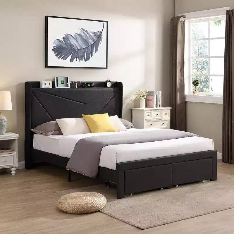 Lit double avec 2 tiroirs de rangement, tête de lit rembourrée en tissu avec station de charge, étagère de rangement, pas besoin de sommier, beige
