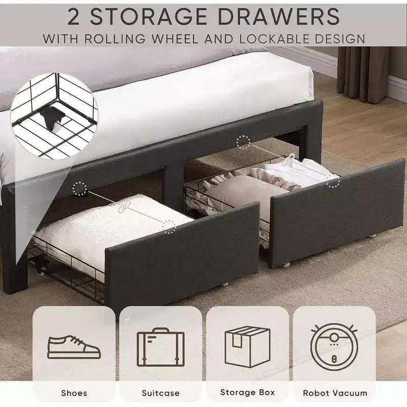 Lit double avec 2 tiroirs de rangement, tête de lit rembourrée en tissu avec station de charge, étagère de rangement, pas besoin de sommier, beige