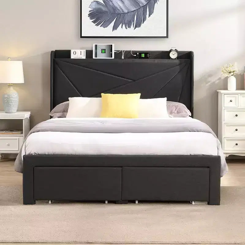 Lit double avec 2 tiroirs de rangement, tête de lit rembourrée en tissu avec station de charge, étagère de rangement, pas besoin de sommier, beige