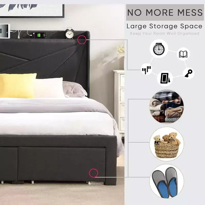 Lit double avec 2 tiroirs de rangement, tête de lit rembourrée en tissu avec station de charge, étagère de rangement, pas besoin de sommier, beige