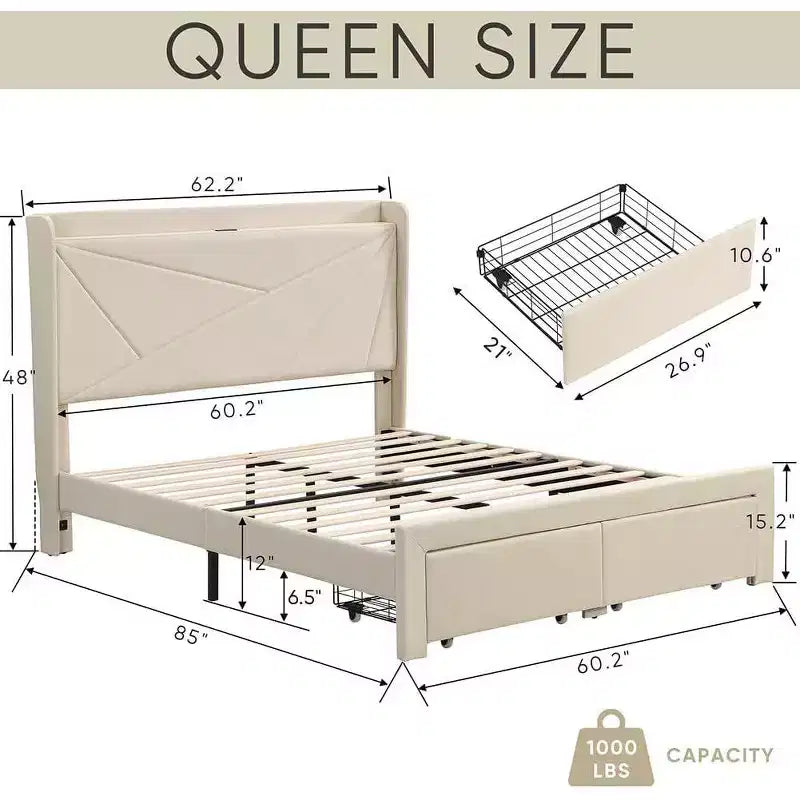 Lit double avec 2 tiroirs de rangement, tête de lit rembourrée en tissu avec station de charge, étagère de rangement, pas besoin de sommier, beige