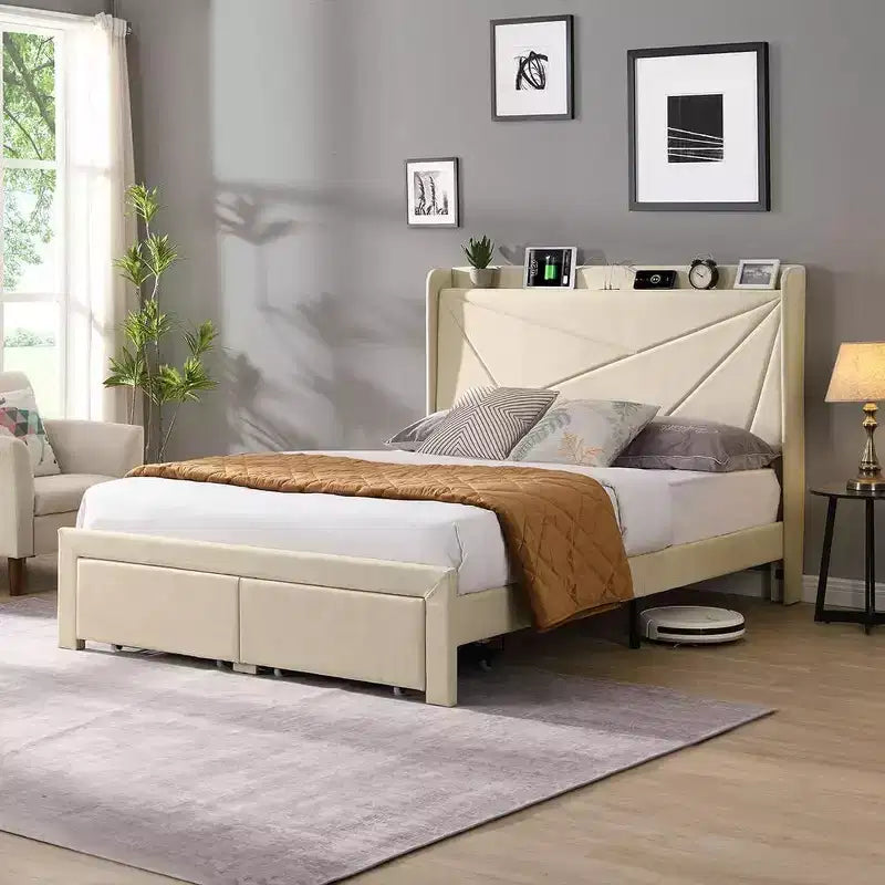 Lit double avec 2 tiroirs de rangement, tête de lit rembourrée en tissu avec station de charge, étagère de rangement, pas besoin de sommier, beige