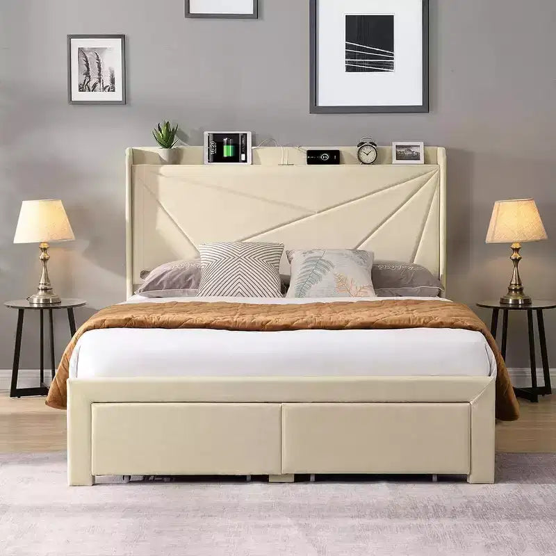 Lit double avec 2 tiroirs de rangement, tête de lit rembourrée en tissu avec station de charge, étagère de rangement, pas besoin de sommier, beige