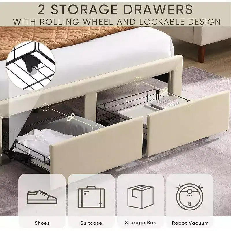 Lit double avec 2 tiroirs de rangement, tête de lit rembourrée en tissu avec station de charge, étagère de rangement, pas besoin de sommier, beige