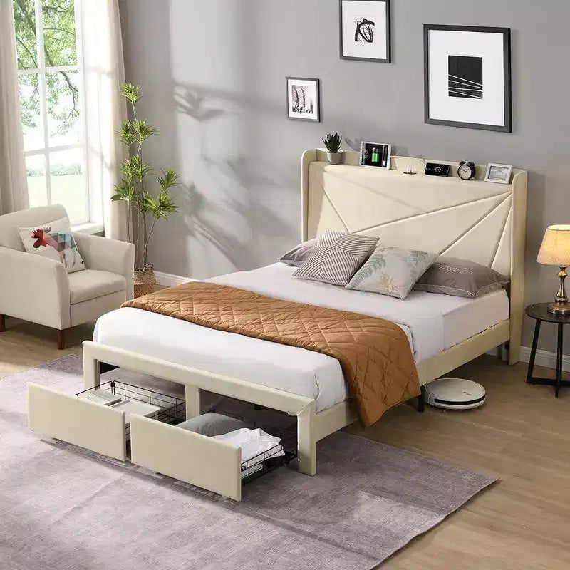 Queen Size Bed Frame with 2 Storage Drawers, Lined Fabric Upholstered Headboard with Charging Station, Storage Shelf, No Box Spring Needed, Beige