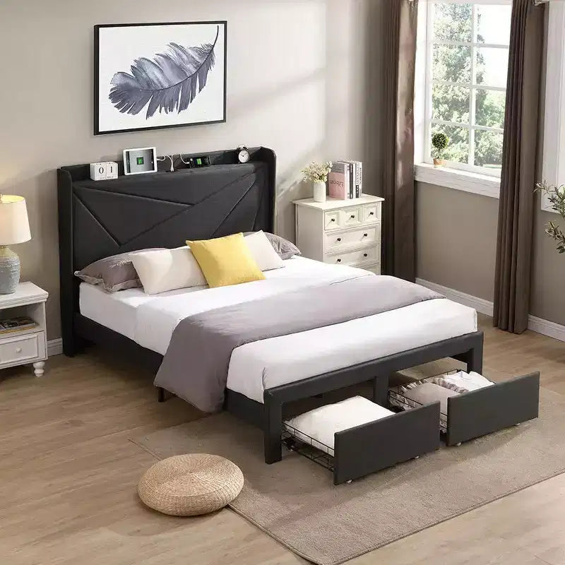 Lit double avec 2 tiroirs de rangement, tête de lit rembourrée en tissu avec station de charge, étagère de rangement, pas besoin de sommier, beige