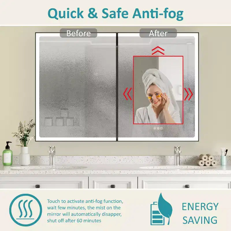 Grande Armoire de Toilette avec Miroir et Lumière, Armoires de Salle de Bain Encastrables/Murales, Miroir Anti-buée, Étagères Réglables, Intensité Variable, Noir