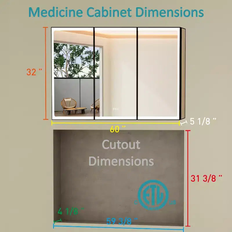 Grande Armoire de Toilette avec Miroir et Lumière, Armoires de Salle de Bain Encastrables/Murales, Miroir Anti-buée, Étagères Réglables, Intensité Variable, Noir