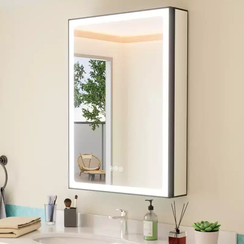 Grand Medicine Cabinet with Mirror and Light, Recessed/Mount Bathroom Medicine Cabinets, Defogger Mirror, Adjustable Shelves, Dimmable, Black