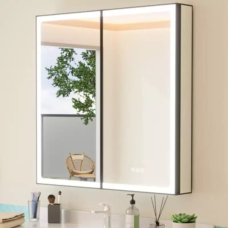 Grande Armoire de Toilette avec Miroir et Lumière, Armoires de Salle de Bain Encastrables/Murales, Miroir Anti-buée, Étagères Réglables, Intensité Variable, Noir