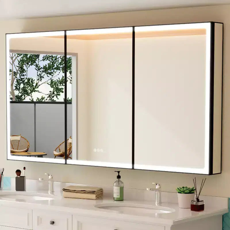 Grande Armoire de Toilette avec Miroir et Lumière, Armoires de Salle de Bain Encastrables/Murales, Miroir Anti-buée, Étagères Réglables, Intensité Variable, Noir