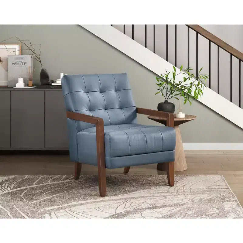 Okak Comfy Leather Accent Chair Contemporary Living Room Chair with Upholstered Tufted Cushion Walnut Finish Wood Armchair