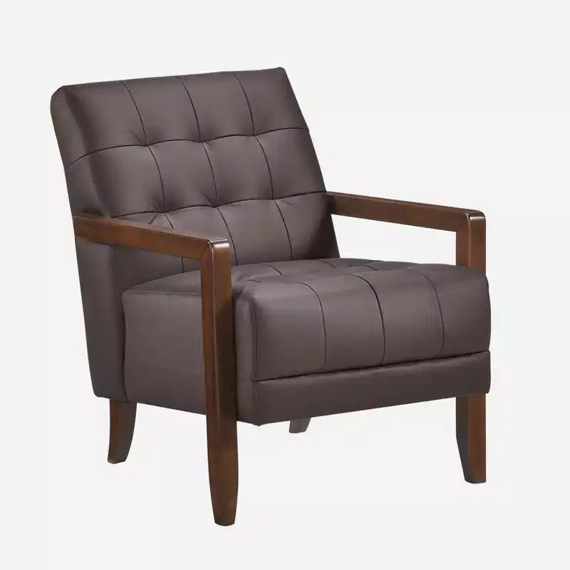 Fauteuil d'appoint en cuir confortable Fauteuil de salon contemporain avec coussin capitonné Rembourré Fauteuil en bois au fini Noyer