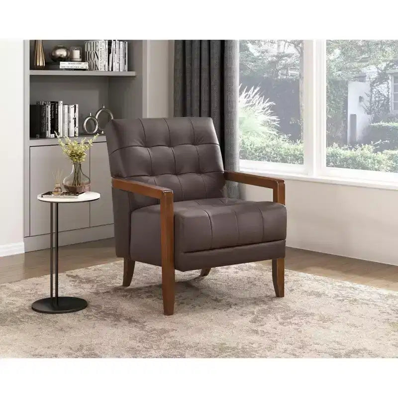 Fauteuil d'appoint en cuir confortable Fauteuil de salon contemporain avec coussin capitonné Rembourré Fauteuil en bois au fini Noyer