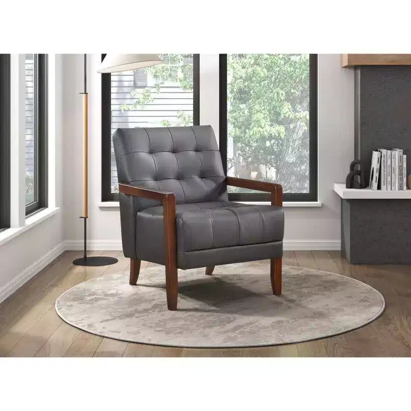 Fauteuil d'appoint en cuir confortable Fauteuil de salon contemporain avec coussin capitonné Rembourré Fauteuil en bois au fini Noyer
