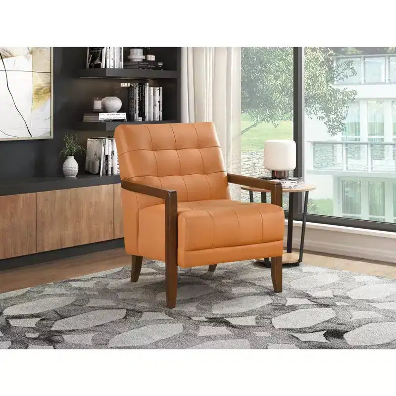 Fauteuil d'appoint en cuir confortable Fauteuil de salon contemporain avec coussin capitonné Rembourré Fauteuil en bois au fini Noyer