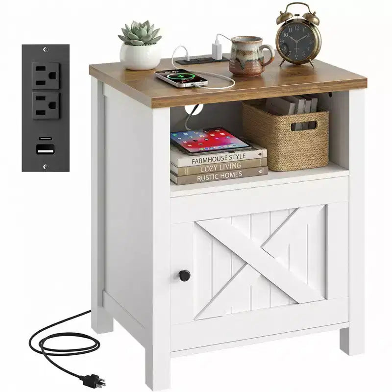 Rustic-Style Storage Nightstand with Built-in USB Port and Power Outlet; Features open shelving and closed cabinets, Bedside table with storage