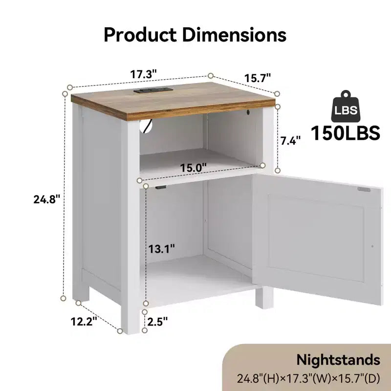 Table de chevet de rangement rustique avec port USB et prise de courant intégrés ; Comprend des étagères ouvertes et des armoires fermées, Table de chevet avec rangement