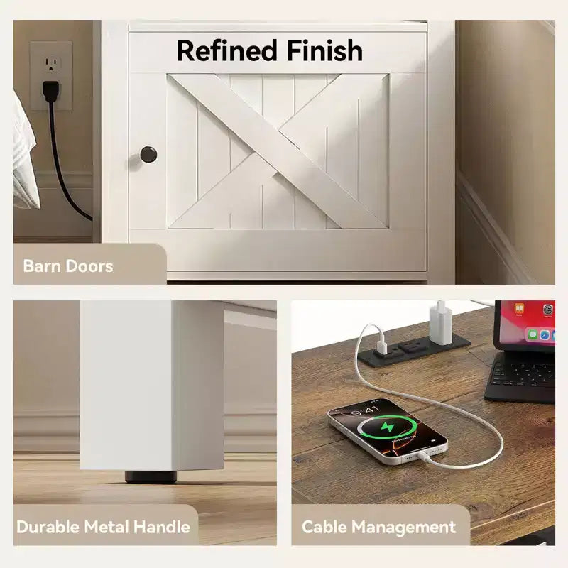Table de chevet de rangement rustique avec port USB et prise de courant intégrés ; Comprend des étagères ouvertes et des armoires fermées, Table de chevet avec rangement