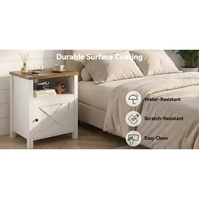 Table de chevet de rangement rustique avec port USB et prise de courant intégrés ; Comprend des étagères ouvertes et des armoires fermées, Table de chevet avec rangement