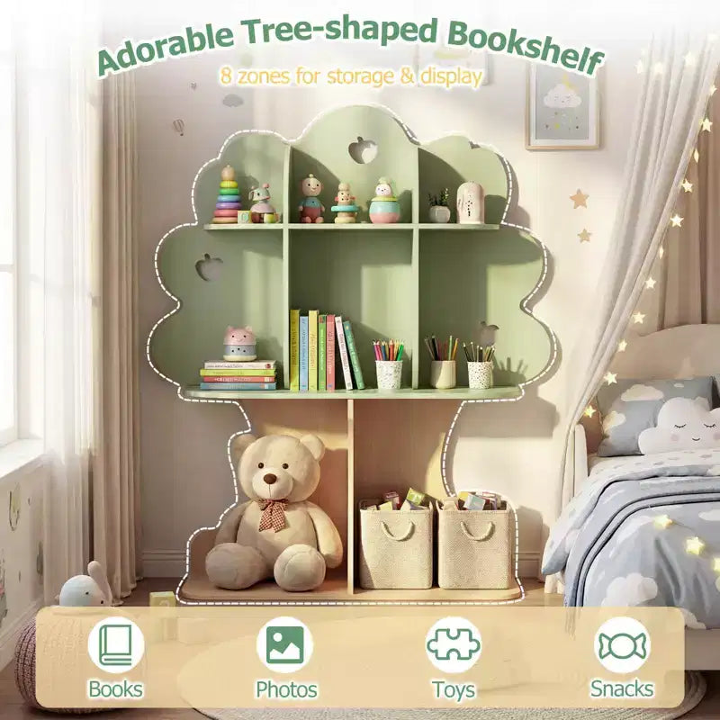 Étagère enfant en forme d'arbre avec étagères ouvertes pour coin lecture, chambre de bébé, salle de classe