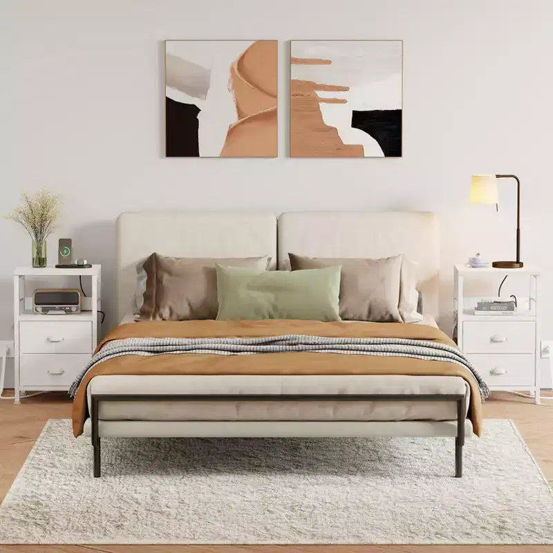Lot de 2 tables de chevet avec station de charge et ports USB, tables d'appoint de chevet modernes avec 2 tiroirs en tissu et étagères de rangement, tables de bout, chambre à coucher, blanc