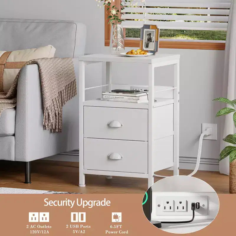 Lot de 2 tables de chevet avec station de charge et ports USB, tables d'appoint de chevet modernes avec 2 tiroirs en tissu et étagères de rangement, tables de bout, chambre à coucher, blanc