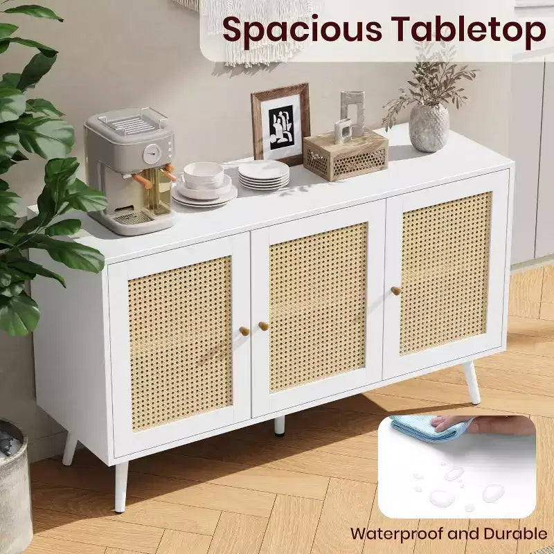 47.2 Bahut en rotin avec 3 portes, buffet bohème avec étagères réglables, table console pour salon, salle à manger