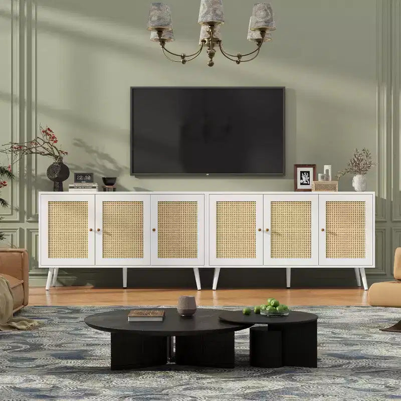 47.2 Bahut en rotin avec 3 portes, buffet bohème avec étagères réglables, table console pour salon, salle à manger