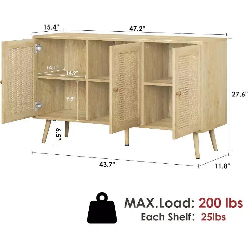 47.2 Bahut en rotin avec 3 portes, buffet bohème avec étagères réglables, table console pour salon, salle à manger