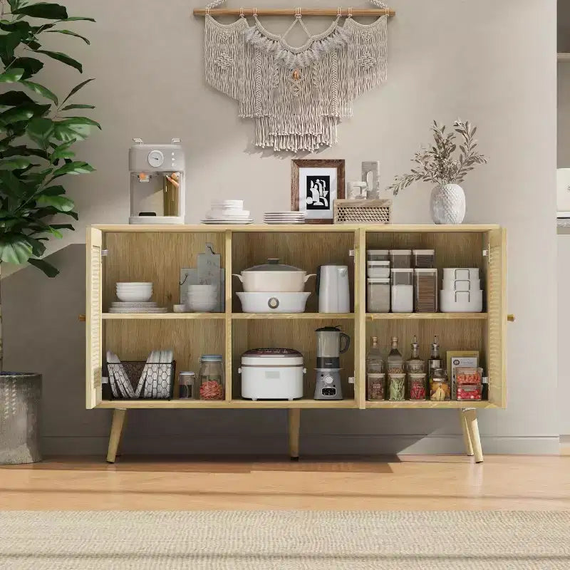 47.2 Bahut en rotin avec 3 portes, buffet bohème avec étagères réglables, table console pour salon, salle à manger