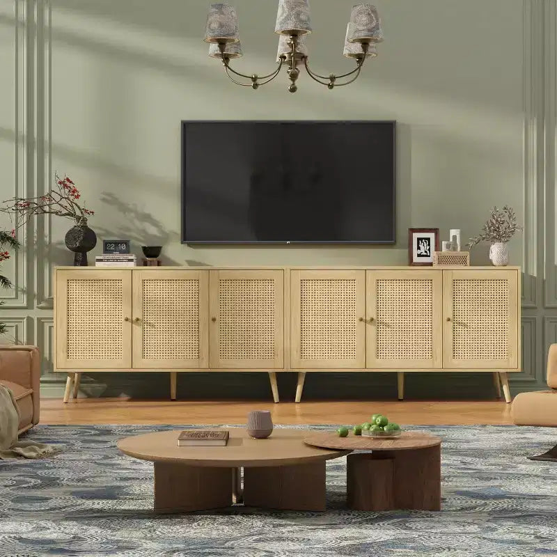 47.2 Bahut en rotin avec 3 portes, buffet bohème avec étagères réglables, table console pour salon, salle à manger