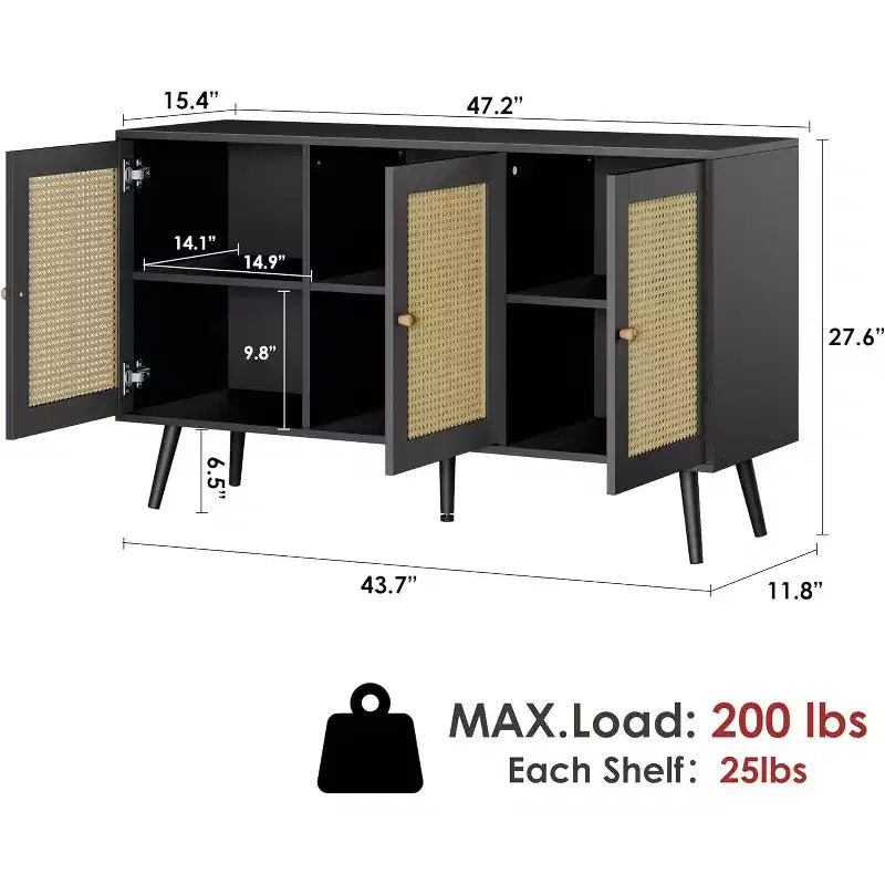 47.2 Bahut en rotin avec 3 portes, buffet bohème avec étagères réglables, table console pour salon, salle à manger