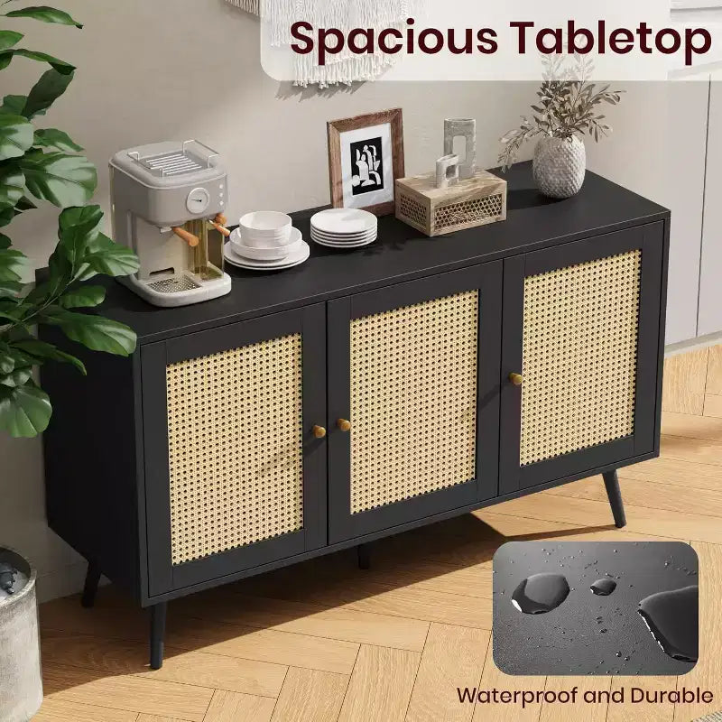 47.2 Bahut en rotin avec 3 portes, buffet bohème avec étagères réglables, table console pour salon, salle à manger