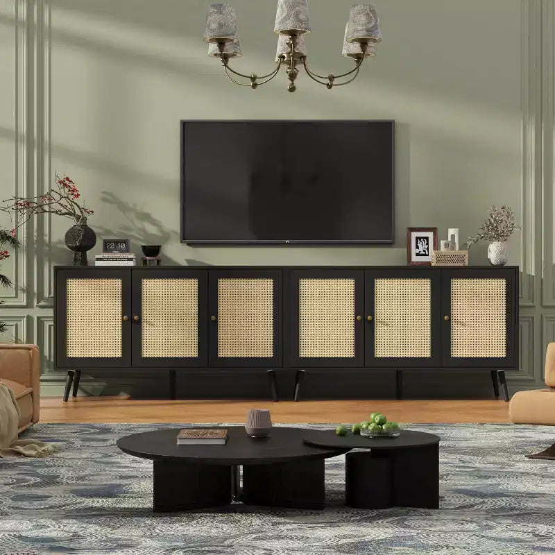 47.2 Bahut en rotin avec 3 portes, buffet bohème avec étagères réglables, table console pour salon, salle à manger